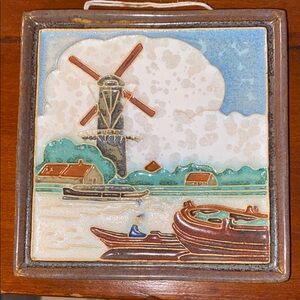 Antique Delft Tile with Windmill and boats Design - Brown and Blue